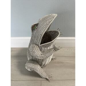 Vintage MCM Large WICKER Rattan FROG Magazine BASKET Green Glass Marble Eyes